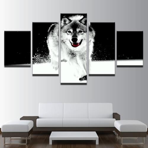 5 Panel Canvas Painting Animal Snow Wolf Black And White Abstract Canvas Wall Art Wallpapers Poster Print Home Decor