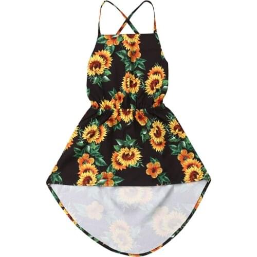 Boho Kids Baby Girl Summer Sunflower Dress Sleeveless Halter Asymmetrical Sundress Kids Girl Clothes Backless Bandage Dress 1-6Y