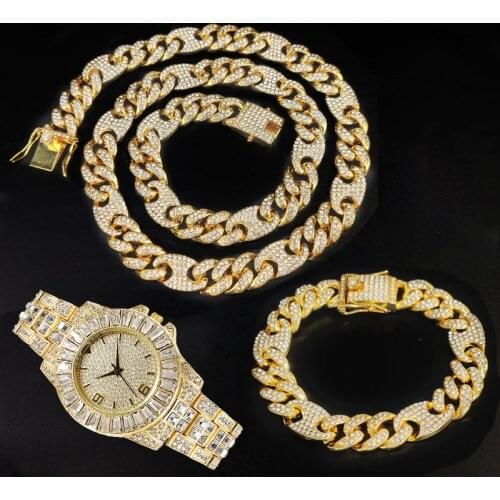 3pcs Kit 12MM Hip Hop AAA+ Iced Out Alloy Coffee Bean Miami Cuban Bling Link Chain Necklace+Watch+Bracelet For Men Women Jewelry