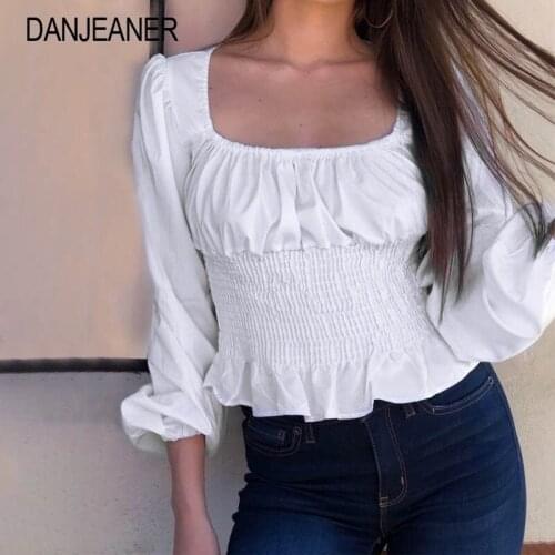 DANJEANER Elegant Long Sleeve Women Blouse Shirt Summer Ruffle Peplum Blouse Ladies Tops Slim Fit Sexy White Blouse Female 2019