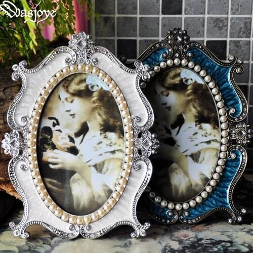 European Vintage luxury Pearl Metal Photo Frame Picture oval classical creative set table Home desktop Wedding Decoration