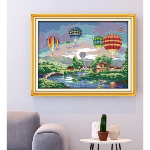HUACAN Cross Stitch Colorful Balloons Kits 14ct 11ct White Canvas Cross Stitch City Set DIY Embroidery Needlework Gift
