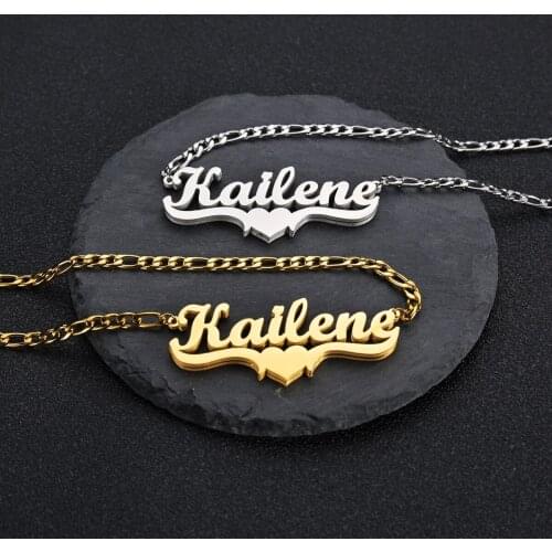 Personality Trend Hip Hop Double Name Necklace Pendants Customized Carving Letters Gothic Double Heart Plated Name Necklace