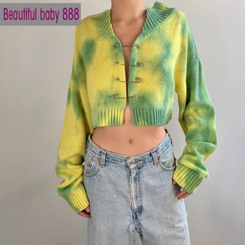 Meqeiss Sexy club tie-dye hollow out loose crop sweaters women 2020 autumn fashion Casual long sleeve breastpin button knitwear
