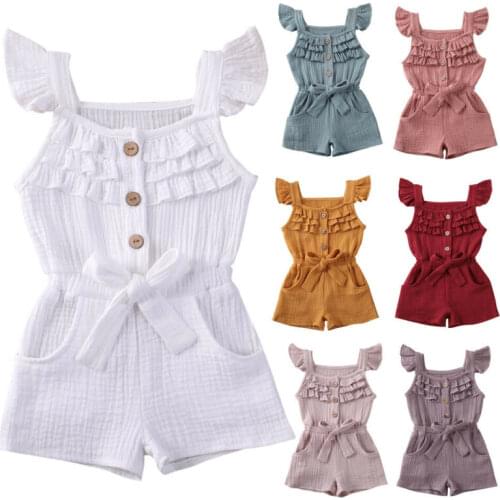 Toddler Girls Fashion Solid Color Flying Sleeve Bowknot Rompers Jumpsuit Elastic Waist Rompers One-Pieces Sunsuits Outfits