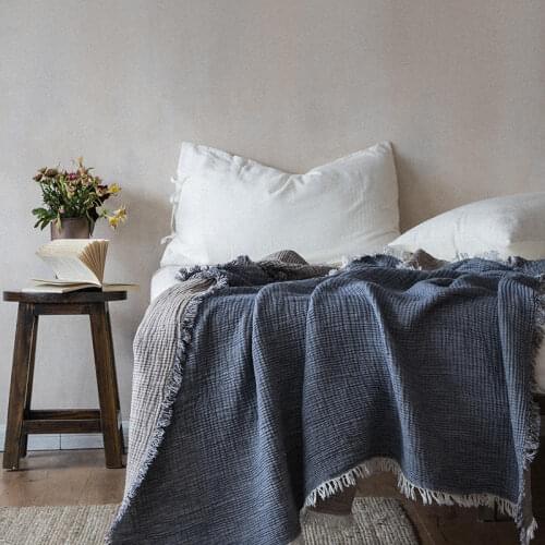 2021 new type A all cotton two color organ pleated fringed blanket summer cool blanket 130 * 170cm grey coffee