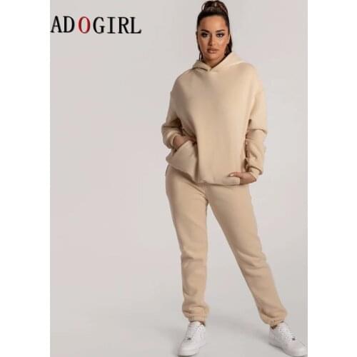 Adogirl Solid Tracksuit Women 2 Pieces Sets Casual Autumn Winter Long Sleeve Hoodies And Pants Outfits Thick Warm Matching Sets
