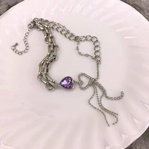 Origin Summer Exaggerated Asymmetry Chunky Chain Pendant Necklace for Women Purple Love Heart Rhinestone Tassel Necklace Jewelry
