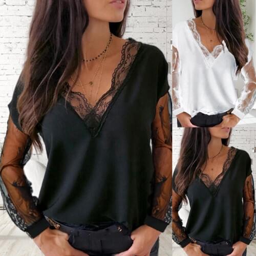Sexy Women Lace Patchwork See Through Loose Blouse European and American womens lace stitching V-neck long-sleeved shirt