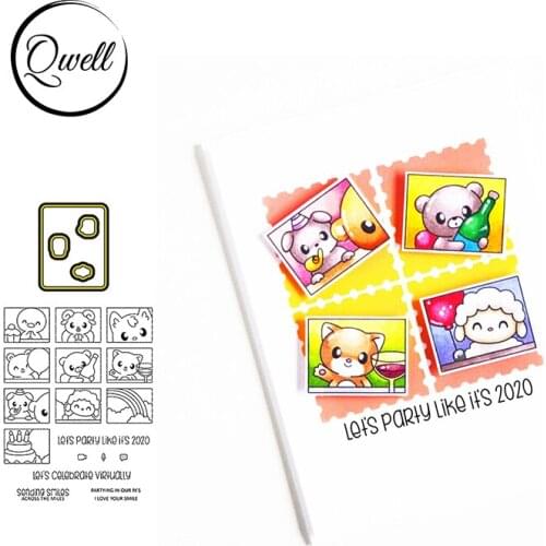 QWELL Dies and Stamps Set Cute Animal Party Time Birthday Celebration Camera Microphone Message Mini Tag Frame DIY 2021 New