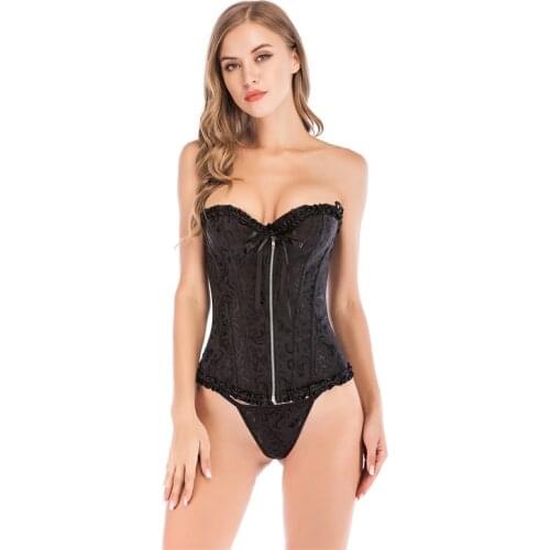 Sexy Lingerie Push Up Overbust Corsets And Bustiers with G-string Zipper Black Waist Trainer Gothic Corselet Steampunk Corset