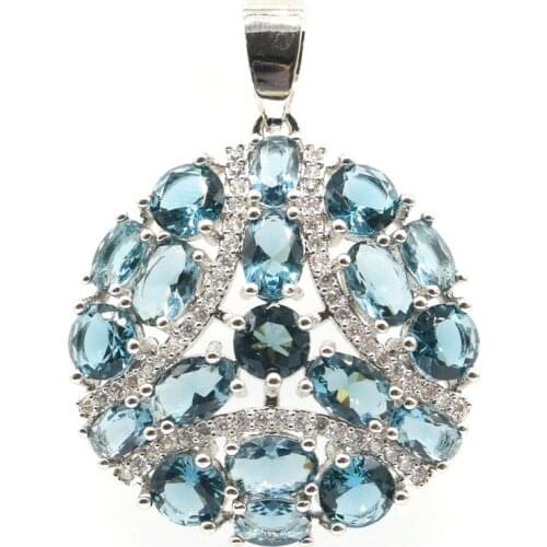 36x28mm Dazzling Round Shape Created London Blue Topaz Gift For Sister Silver Pendant