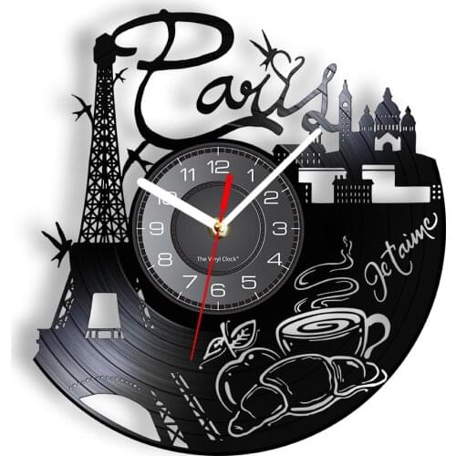 French Paris Cityscape Modern Wall Clock City Of Romance Eiffel Tower Landmark Vinyl LP Record Wall Watch Fashionable Wall Decor