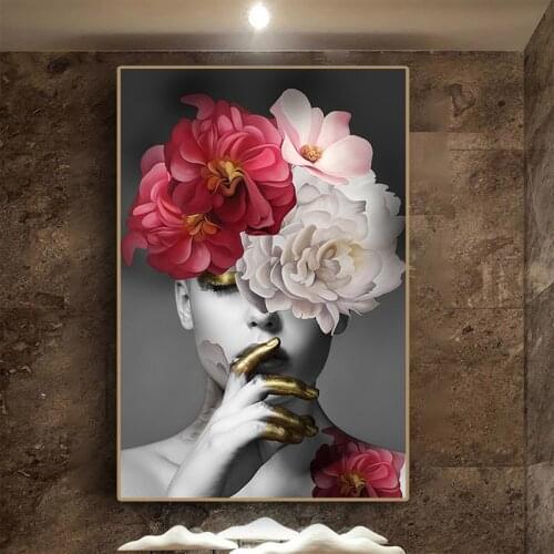 Nordic Modern Fashion Pink Flower Headdress Golden Female Oil Painting Poster WallArt Picture Livingroom Bedroom Home Decoration