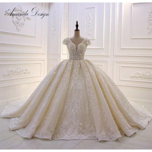 Amanda Design vestido de noiva princesa Short Sleeve Lace Appliques Crystal Luxury Empire 2019 Wedding Dress