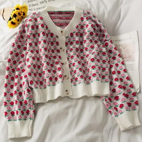 2021 autumn sweet style color matching round neck single-breasted long-sleeved sweater womens new printed loose knit sweater