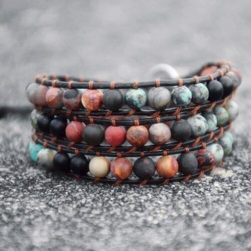 Vintage Leather Bracelets Matte Stone 3 Strands Wrap Bracelets Woven Multilayer Boho Bracelet Handmade Jewelry