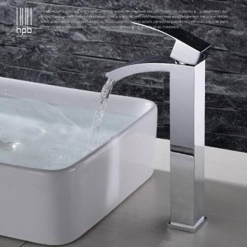HPB Waterfall Bathroom Faucet Single Handle Sink Faucet One Hole Brass Contemporary Hotel Square Style Mixer Tap HP3120