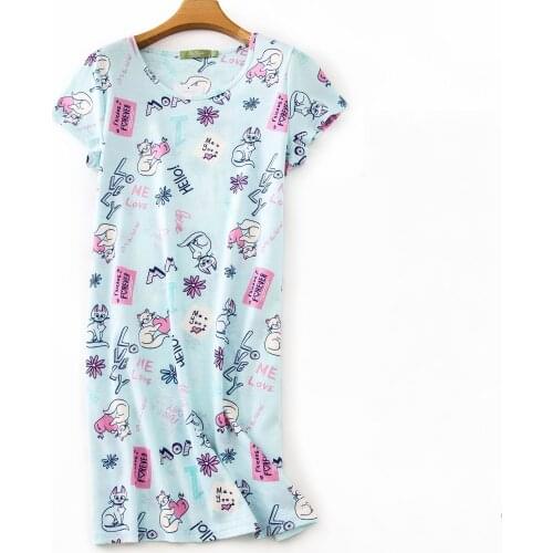 2021 Summer Female Casual Striped Cartoon nighty dress Ladies 100% Cotton Nightgown Women Short Sleeve Round collar sleepshirt