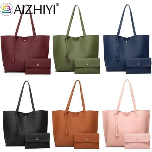 Women PU Leather Solid Color Shoulder Shopping Bag Casual Ladies Large Capacity Tote Handbags Mini Purse 2pcs Composite Bags