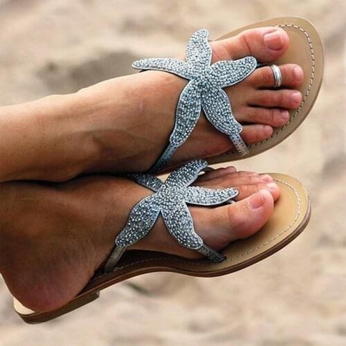 2021 Starfish Crystal Flip Flops Women Leisure Flat Flip Flops Beach Sandals Women Clip Toe Non-slip Shoes Claquette Femme