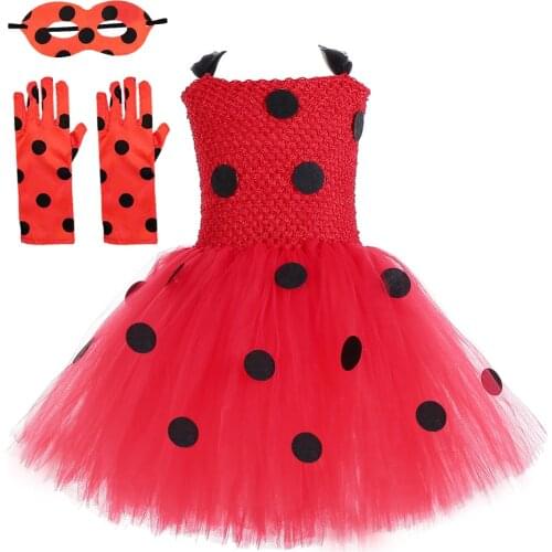 Lady Beetle Tutu Dress for Girls Kids Cartoon Character Costume Halloween Carnival Children Anime Dresses Outfit with Mask Glove