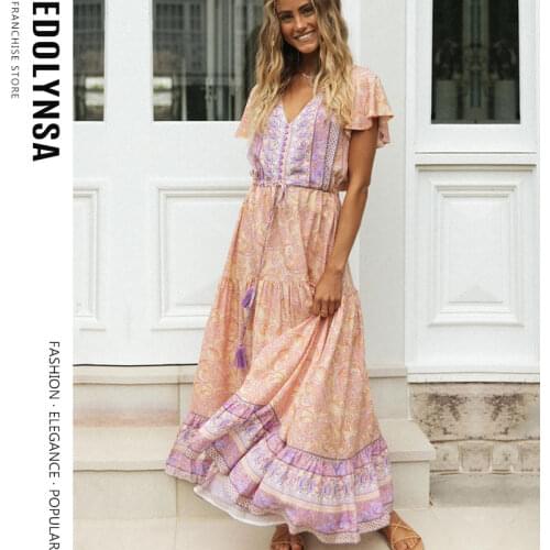 2021 Floral Print Ruffles Long Dress Summer Boho Dress Female Holiday Dress Women Plus Size V-neck Big Hem Dress Sarongs A777