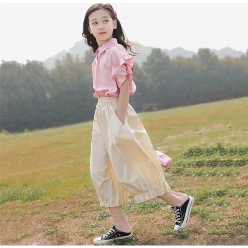 Summer ruffle chinese style cotton striped 2pc sets simple teenage girls school outfits age for 4-14 yrs big girls t-shirt+pants