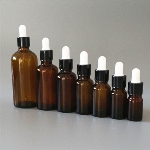 5/10/15/20/30/50/100ml Reusable Brown Essential Oil Bottle White Rubber Head Dropper Cover Black Cap Glass Cosmetic Container