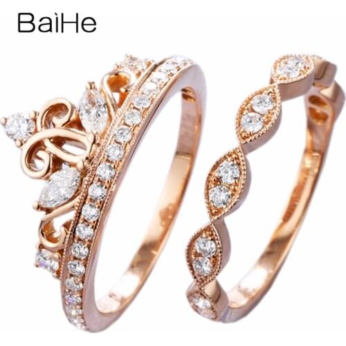 BAIHE Solid 14K Rose Gold 0.12ct Marquise Natural Diamonds 0.32ct Round Diamonds Wedding Women Trendy Fine Jewelry crown Ring