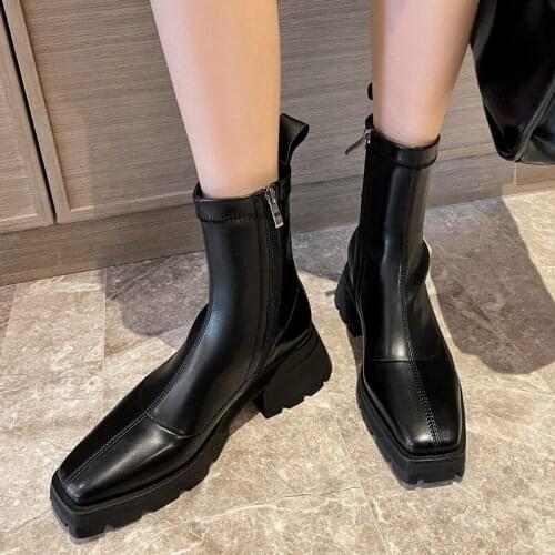 Soft leather thick heel white short boots womens new square toe thick bottom Martin boots stretch