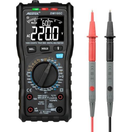 MESTEK DM100C True-RMS Digital Multimeter Button 10000 Count with Analog Bar Graph AC/DC Voltage Ammeter Current Ohm Manual/Auto