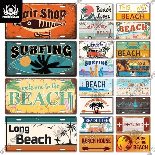 Putuo Decor Beach License Vintage Plate Metal Tin Sign Decor Plate Summer Sandbeach Bar Pub Surfing Club Seaside Wall Decoration