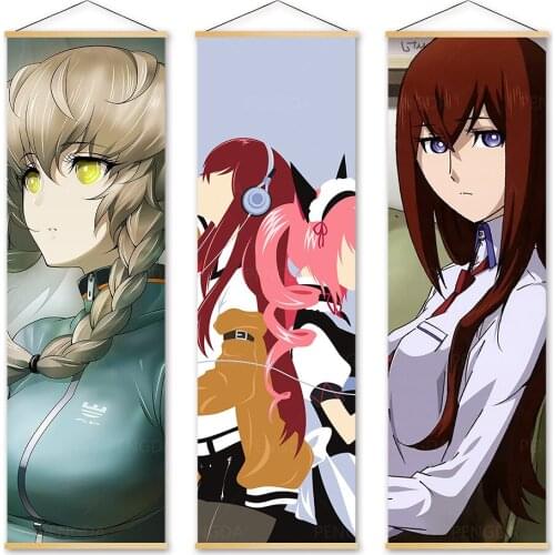 Home Decoration Steins Gate Modern Wall Artwork Picture Wooden Scroll Hanging Painting Print Animation Canvas Poster Living Room