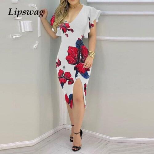 Elegant Butterfly Flower Print Midi Dress Women 2021 Summer New Slim Split Party Dresses Lady Fashion Short Sleeve Ruffle Dress