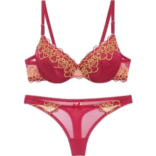 Lace Embroidery Flower Push Up Sexy Bra Set Thong G-string Panties Suit Underwear Women Solid Color Soutien Gorge Lingerie