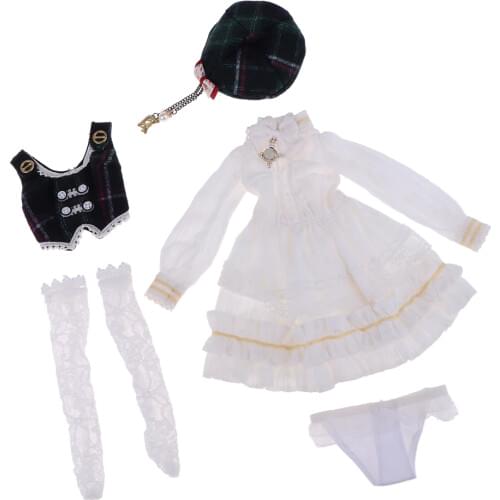 5pcs White Princess Long Sleeve Skirt Waistcoat Suit Formal Party Accs for 1/4 BJD Doll