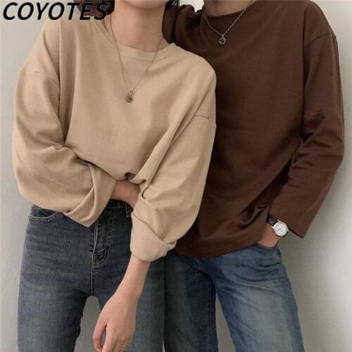 COYOTES Womens T-Shirts Long Sleeve O-Neck Solid Basic T-Shirt Women Loose Leisure Tops Couples Korean Trendy Comfortable