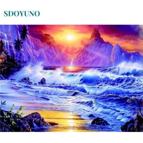 SDOYUNO Acrylic Paint By Numbers DIY Frameless Oil Painting By Numbers On Canvas Sunset Scenery 60x75cm Digital Hand Painting