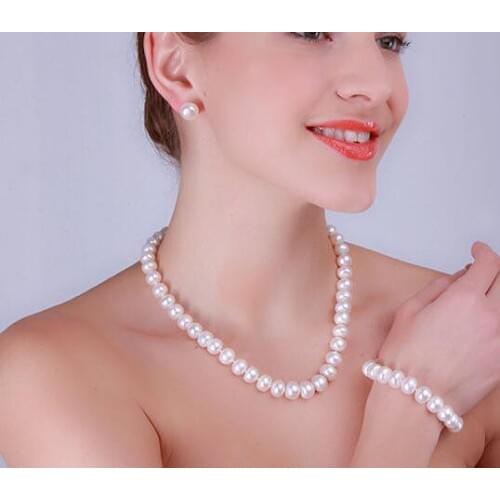 Wholesale price ^^^Natural Real 8.0-8.5mm White Freshwater Pearl Women Party Bride Necklace earring bracelet set 18" 7.5"