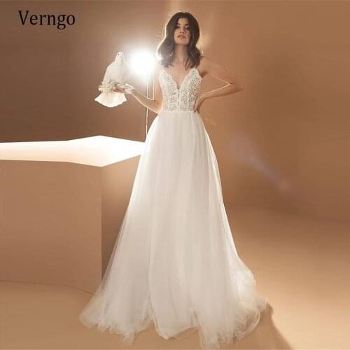 Verngo 2021 New Design Boho Beach A Line Wedding Dress Lace And Tulle Spaghetti Straps Backless Bow Sexy Bridal Gown Sweep Train