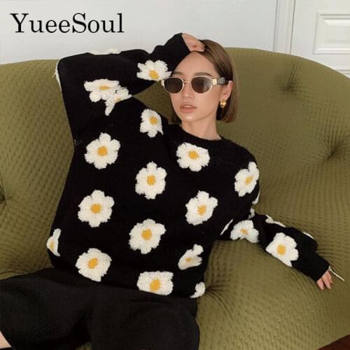 Floral Knitted Women Pullovers Long Sleeve Casual Loose Female Sweater Autumn Winter Y2K Cute Jumper Oversized Womens Clothing