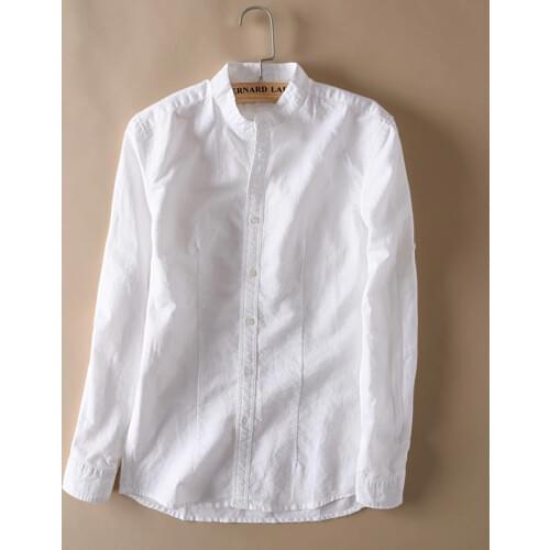 Men s White Cotton Linen Stand Collar Slim Shirt Spring Autumn Long Sleeve Solid Color Leisure Cardigan T-shirts Tops Asian size