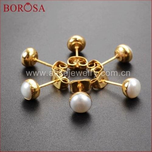 BOROSA 5Pairs Pearl Studs Natural Pearl Stud Earrings in Gold New Round Pearl Beads Stud Jewelry for Women Wedding Gifts G1064
