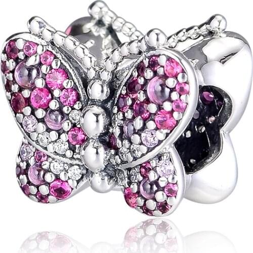 CKK Dazzling Pink Butterfly Charms Silver 925 Original Fit Bracelets Sterling Silver Charm Beads for Jewelry Making Bijoux Bead