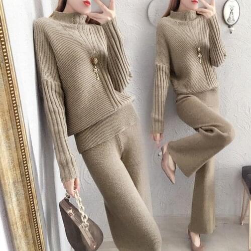Knit suit pant sweater suits 2 piece knitted trouser suit track suit warm knitted pantsuits women plus size knitted sets winter