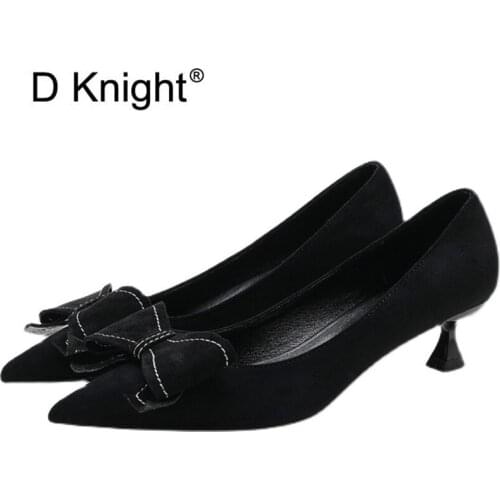 Pointed Toe High Heel Shoes Sexy Woman Black Flock Thin Heels Designer Pumps Bow Decorations Party Dress Heels Shoes Woman Pumps