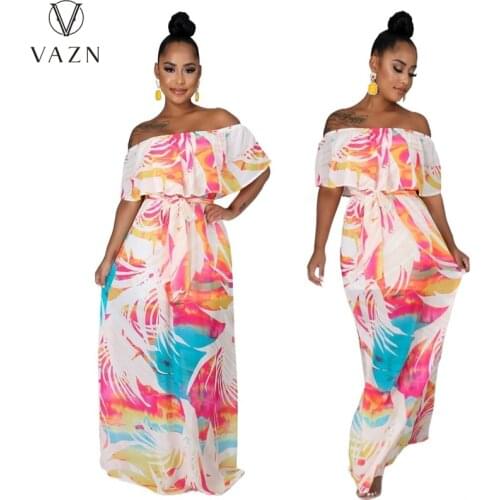 VAZN 2021 Hot List High-end Chiffon Sweet Slash Neck Short Sleeve Holiday Free High Waist Braid Women A-Line Maxi Dress