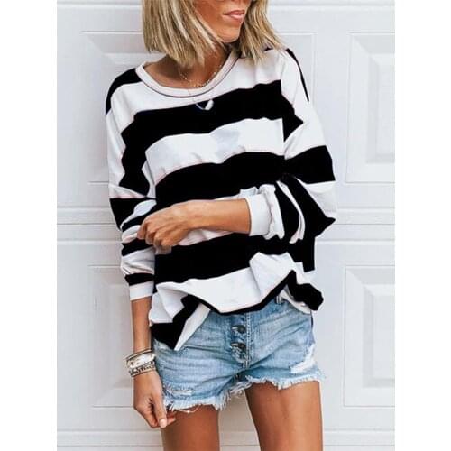 Women Black White Striped Print Blouse Shirt Casual O Neck Long Sleeve Casual Loose Korean Shirt Lady Womens T-Shirt Tops Tees