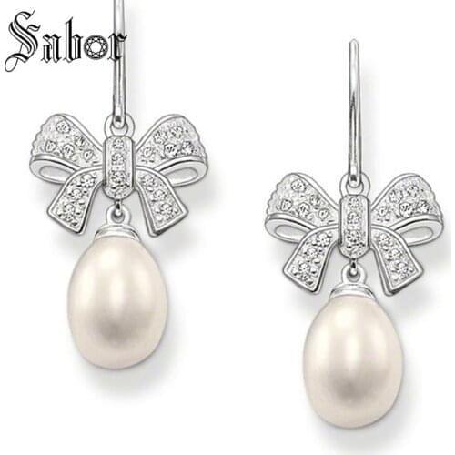 White Bowknot Pearls Swan Neck Earrings 2020 New Bow Knot Jewelry party silver color Earring Gift For Women thomas
